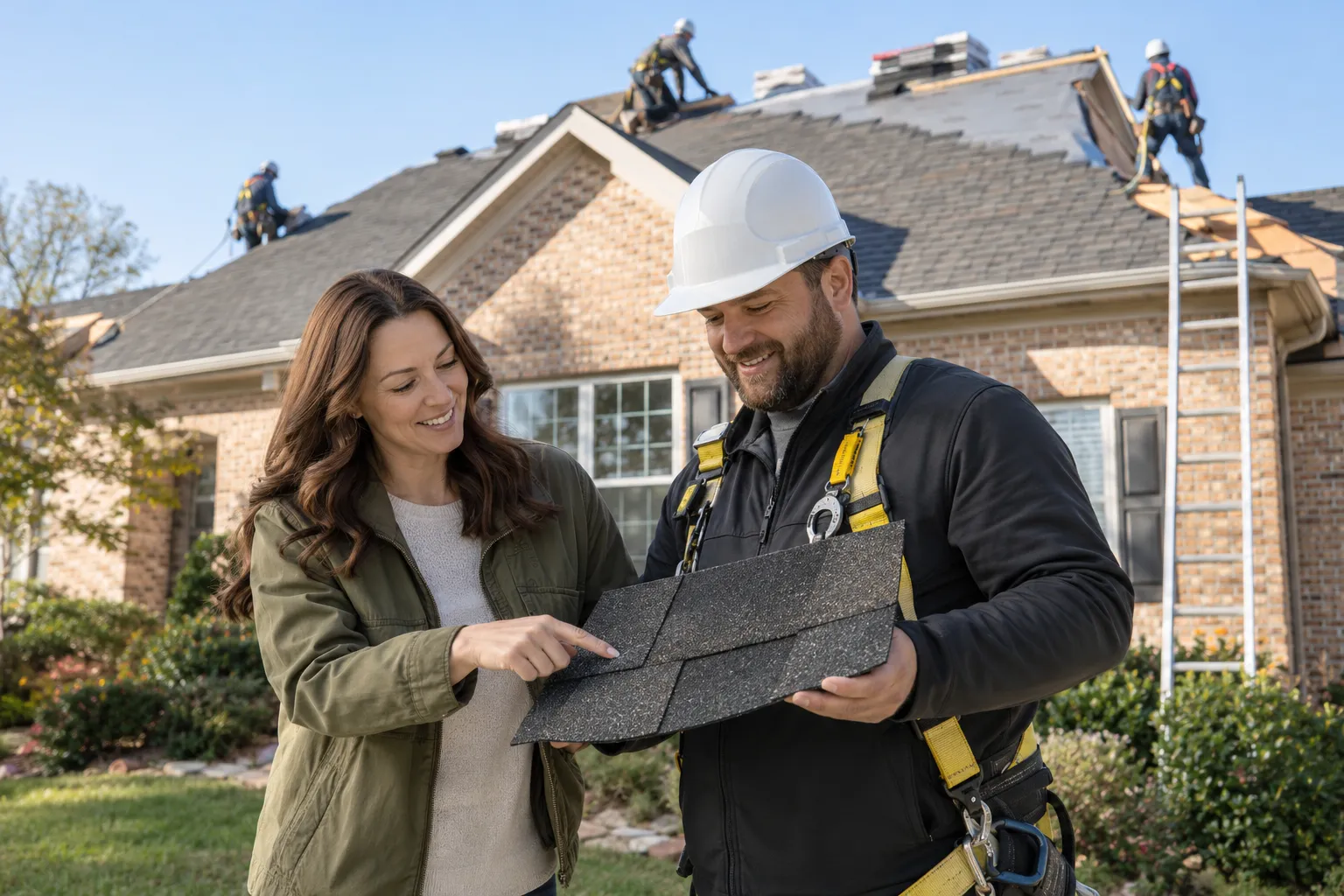 A friendly roofing provider showing a homeowner a new shingle sample in front of a house in Conyers